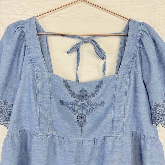 Old Navy Womens XL Chambray Flutter Sleeve Top Blouse Tie Back Boho Square Neck - Picture 3 of 15
